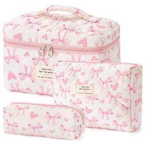 Quilted Makeup Bag, 3pcs Cotton Large Travel Makeup Bag, Cute Floral Coquette😎
